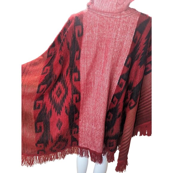 Red Western Style Poncho w/Fringe 100% Wool Boho Festive Handmade inEcuador OSFM - Picture 7 of 10